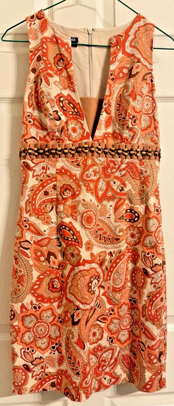 Muse Dress Womens Size 2 Orange Paisley V-Neck Sewn Wooden Beaded Waist Sheath